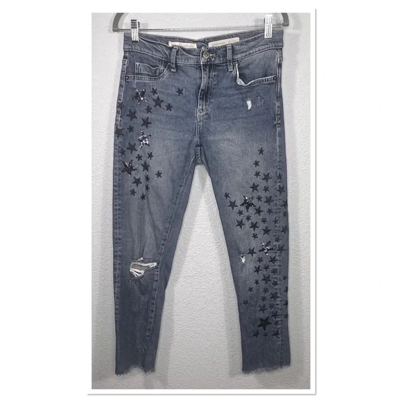 Anthropologie Pilcro Slim Boyfriend Raw Hem Sequin Embroidery Star Jean Sz 27 - Picture 2 of 10